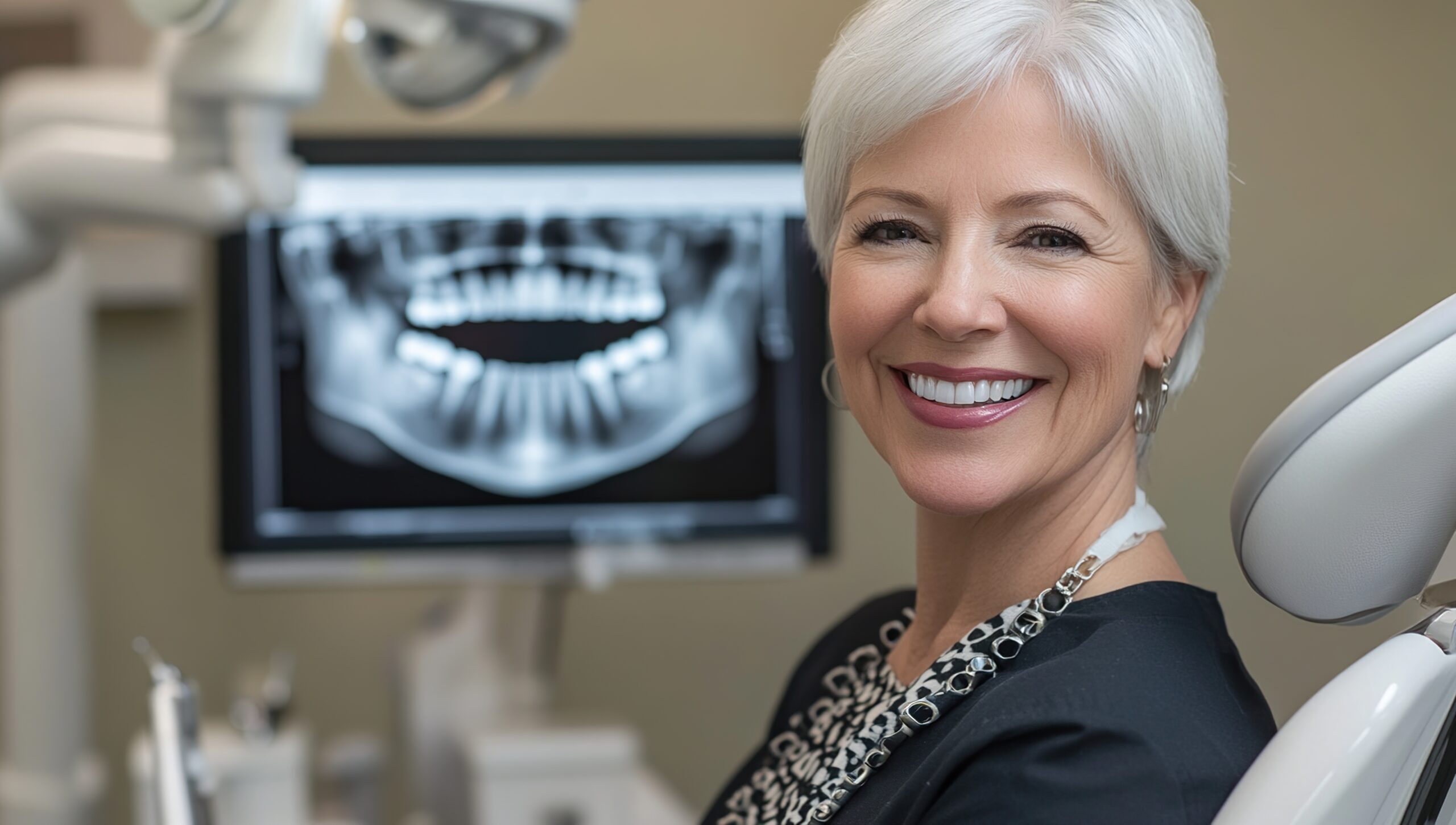Patient Smiles Confidently After Dental X-Ray Review, Showing Healthy Teeth and Gums in Modern Dentistry Office. Achieving Perfect Smile with Advanced Technology. 3d cone beam ct scan