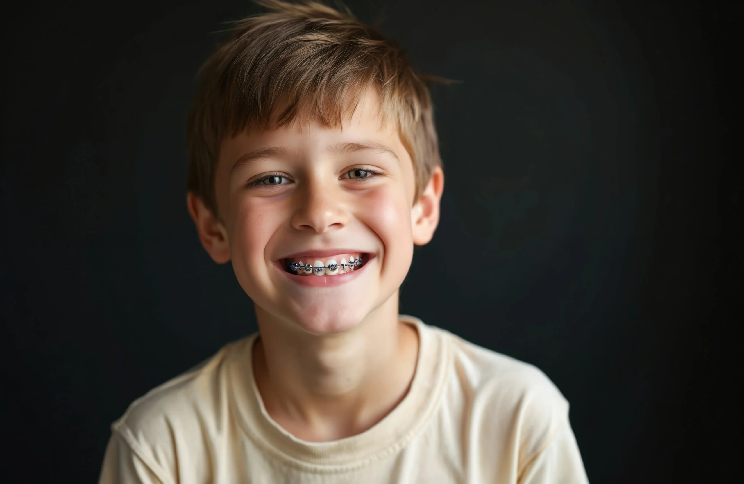Happy child shows healthy smile.