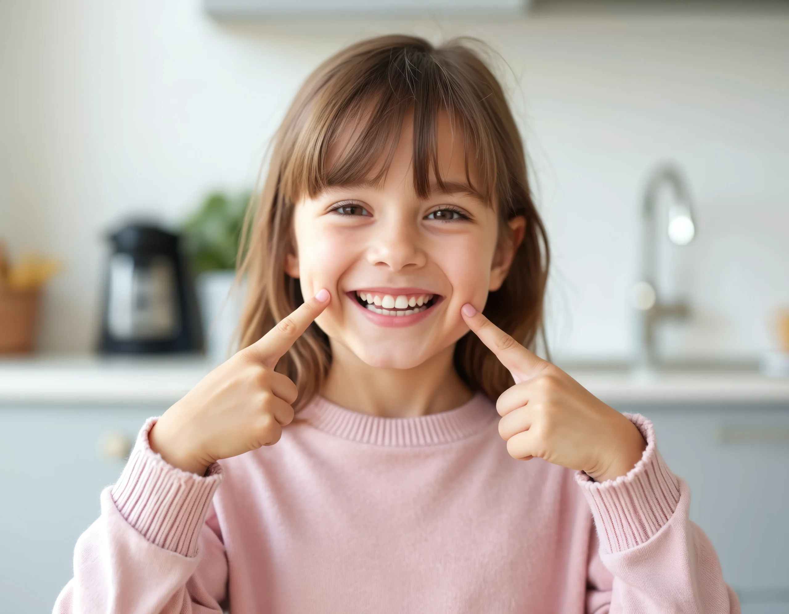 Young girl smiles pointing at teeth, happy emotion