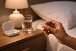 Clear Dental Retainer Nightguard on Bedside Table with Glass of Water