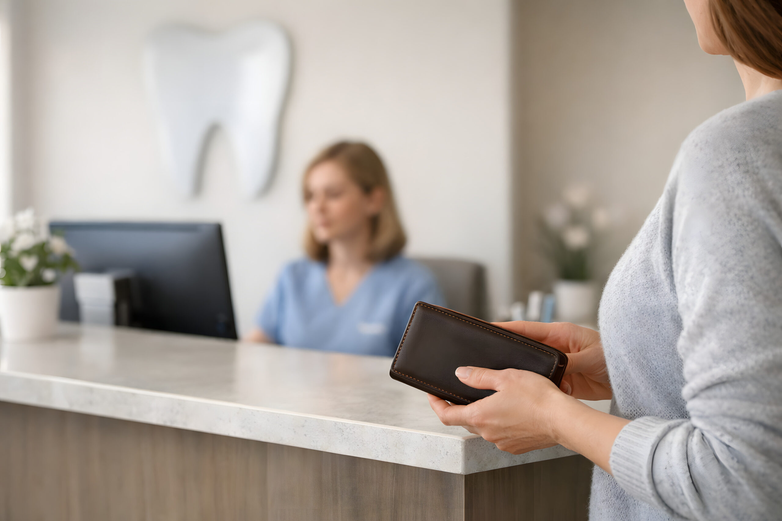 Woman preparing to pay at dental reception desk after using up her dental insurance