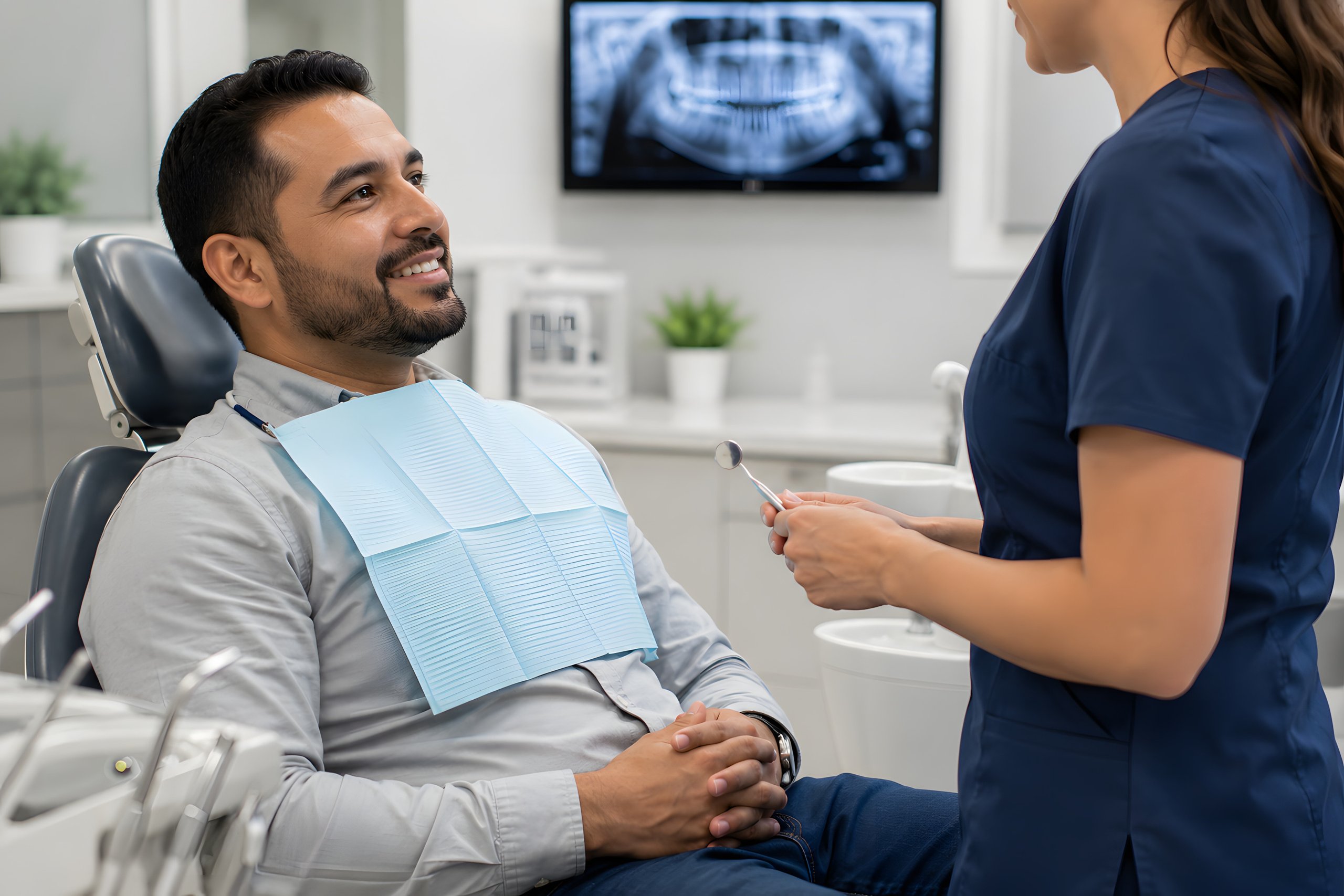 Dentist reviewing dental insurance and membership plan options with a patient during a checkup